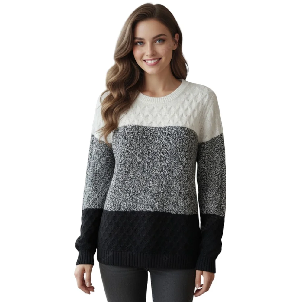 Croft & Barrow Sweater Womens XL Gray Colorblock Cable Knit Crew Neck Pullover